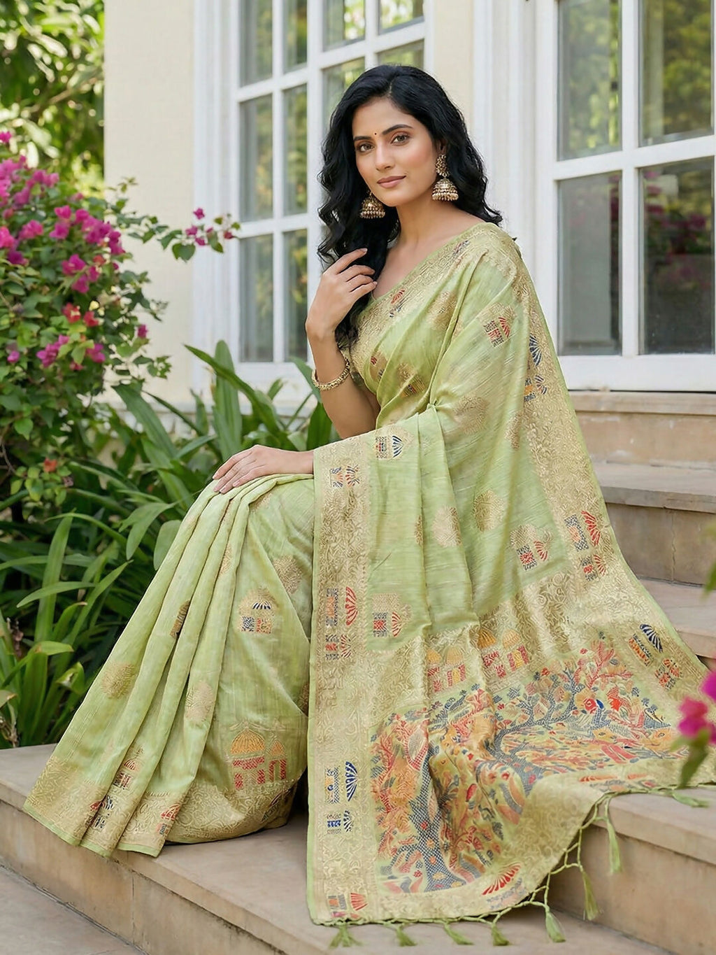 Shree Shyam Fashion Light Green Linen Cotton Saree - Distacart