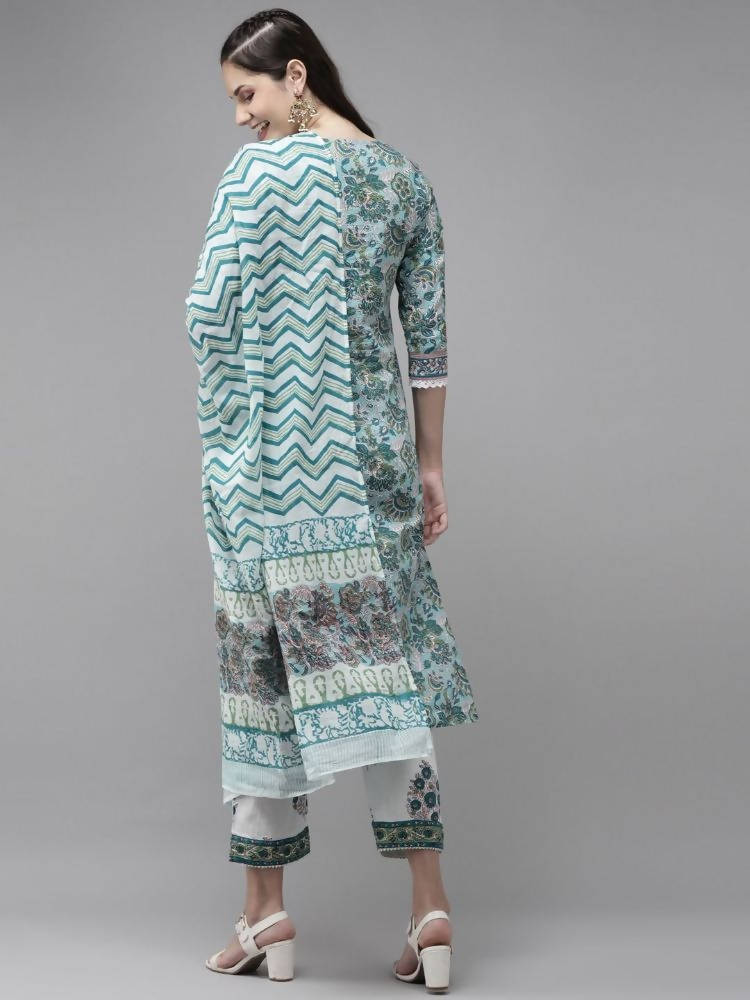 Yufta Green Hand Block Printed Kurta with Trouser and Dupatta