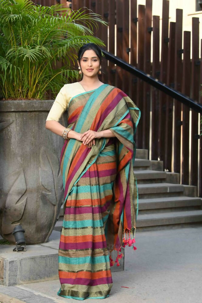 Beatitude Multicolor Cotton Stripes Golden Zari Saree