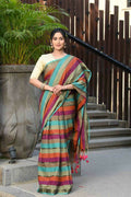 Beatitude Multicolor Cotton Stripes Golden Zari Saree