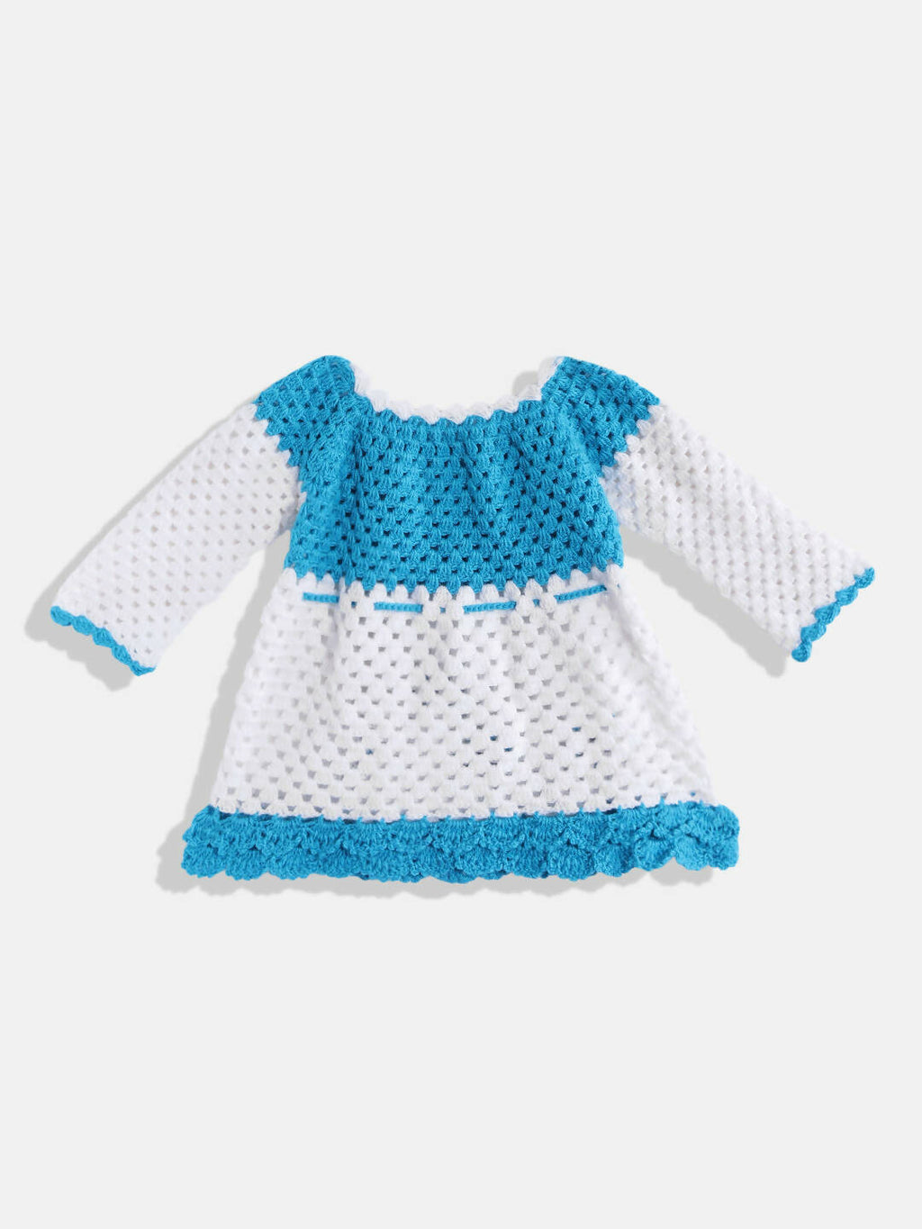 Chutput Kids Woollen Hand Knitted Full Sleeves Rose Work Dress For Baby Girls - White