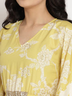 Ahalyaa Women Lime Green & Off White Floral Printed Flared Sleeves Floral Kaftan Kurta - Distacart