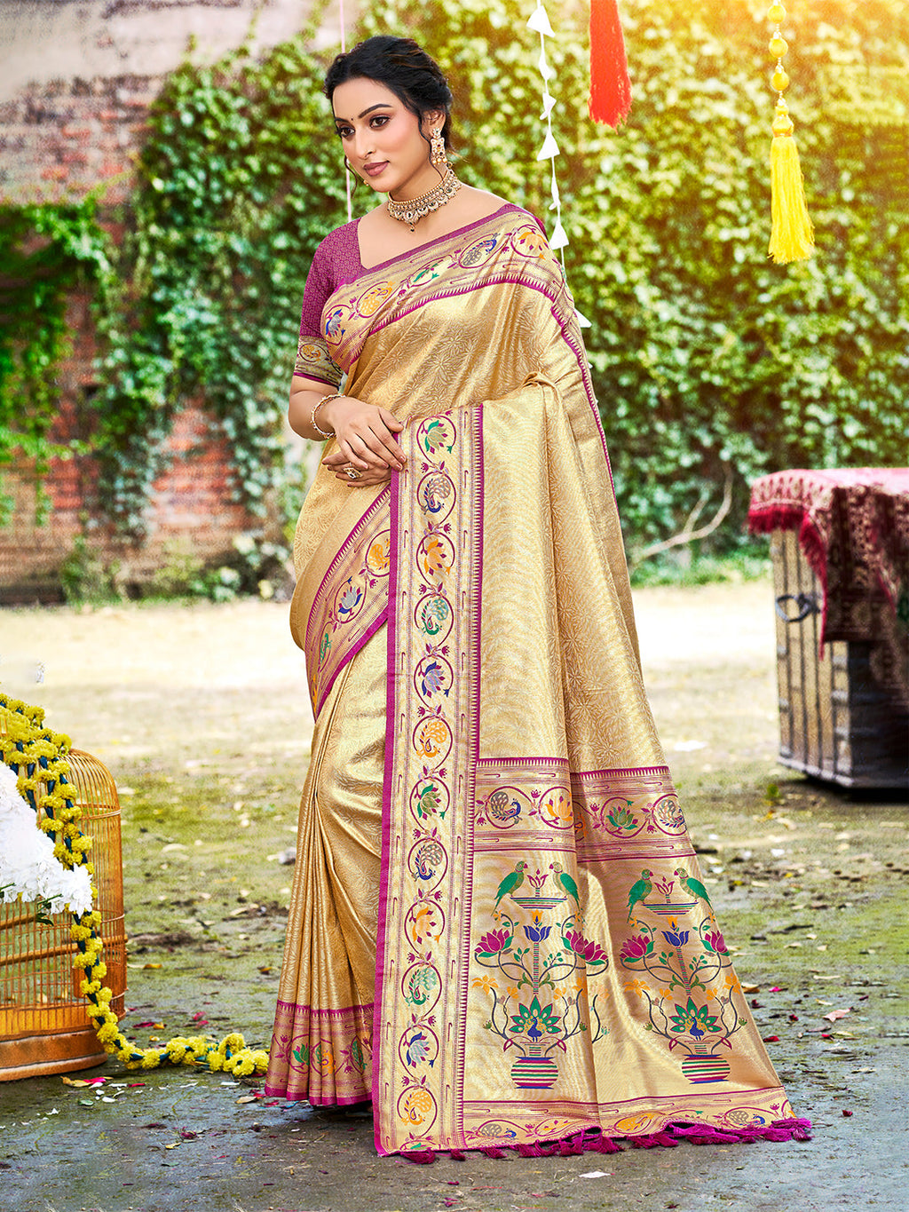 Sangam Prints Beige Silk Woven Work Traditional Saree - Distacart