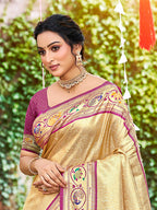 Sangam Prints Beige Silk Woven Work Traditional Saree - Distacart