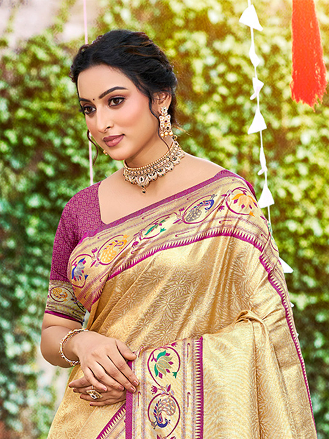 Sangam Prints Beige Silk Woven Work Traditional Saree - Distacart