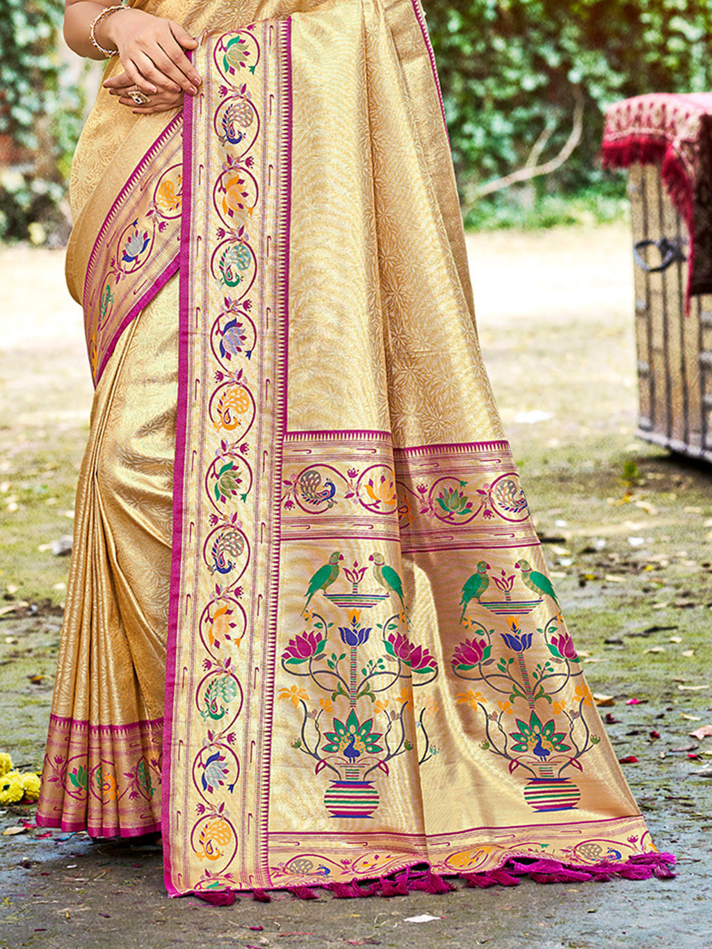Sangam Prints Beige Silk Woven Work Traditional Saree - Distacart
