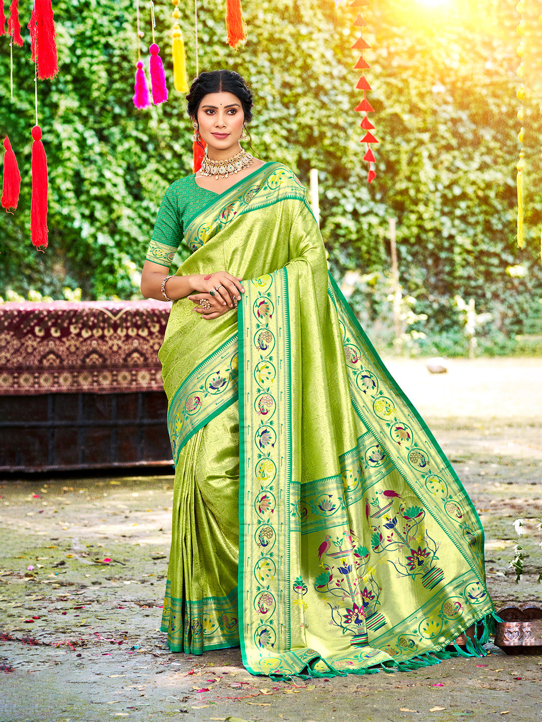 Sangam Prints Green Silk Woven Work Traditional Saree - Distacart