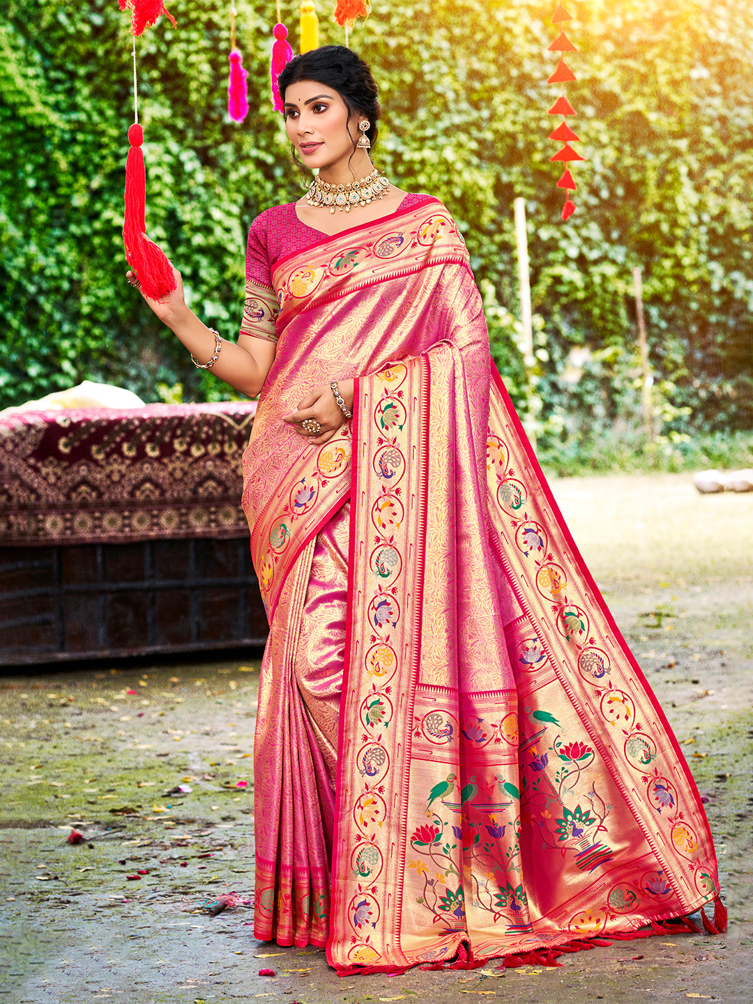 Sangam Prints Pink Silk Woven Work Traditional Saree - Distacart