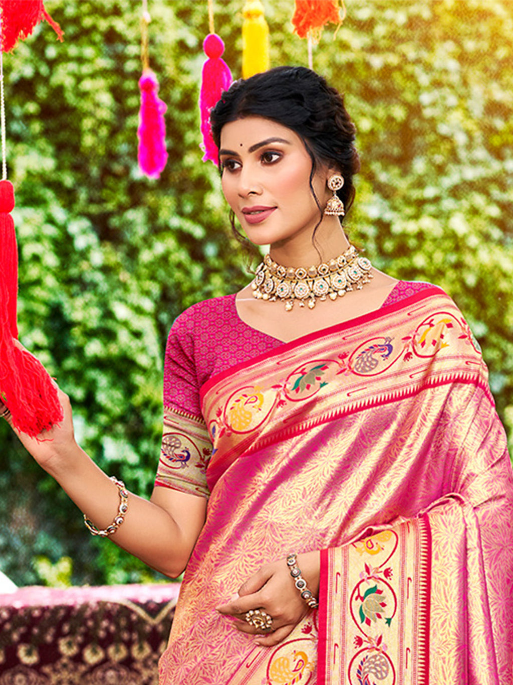 Sangam Prints Pink Silk Woven Work Traditional Saree - Distacart