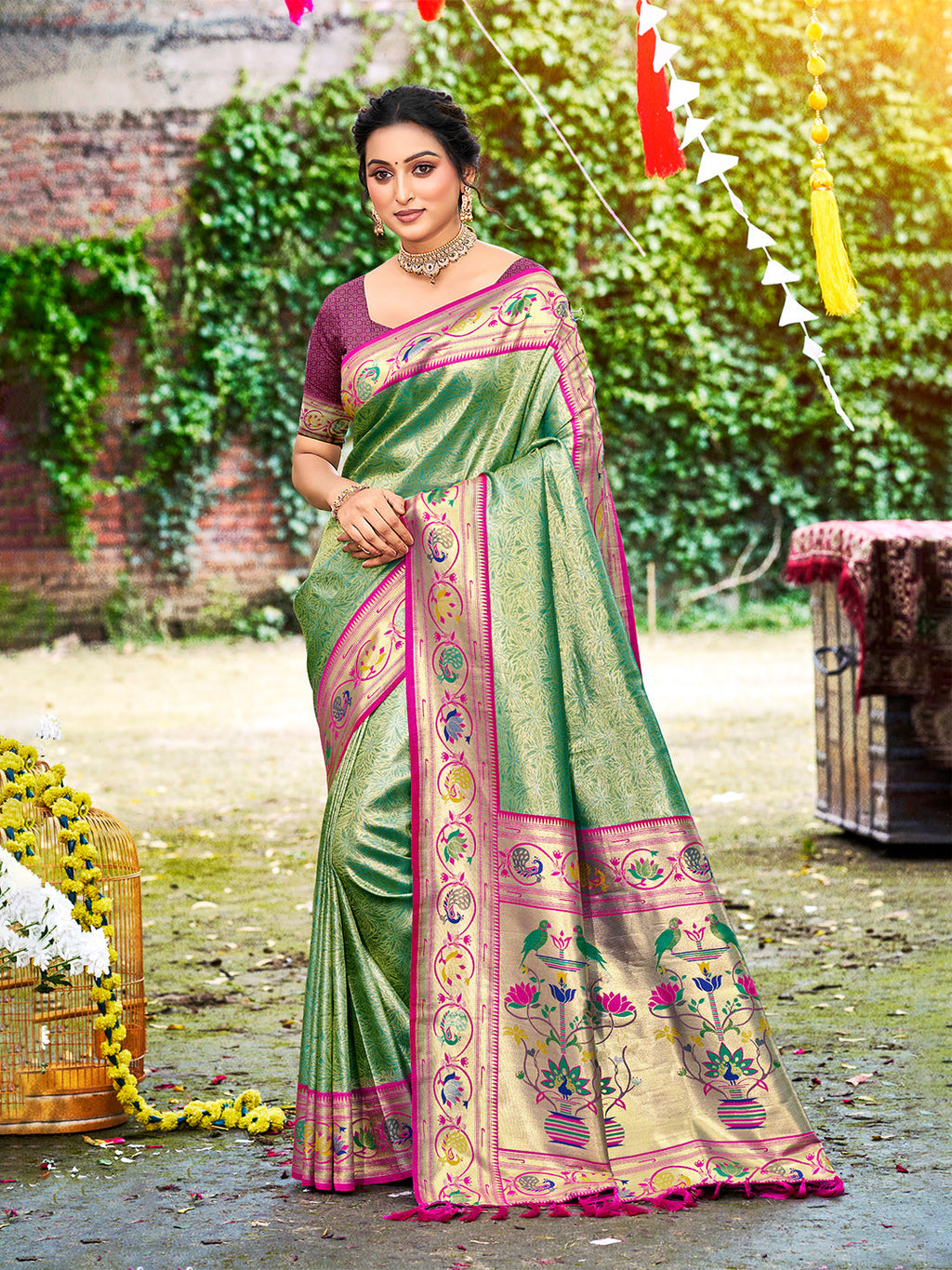 Sangam Prints Dark Green Silk Woven Work Traditional Saree - Distacart