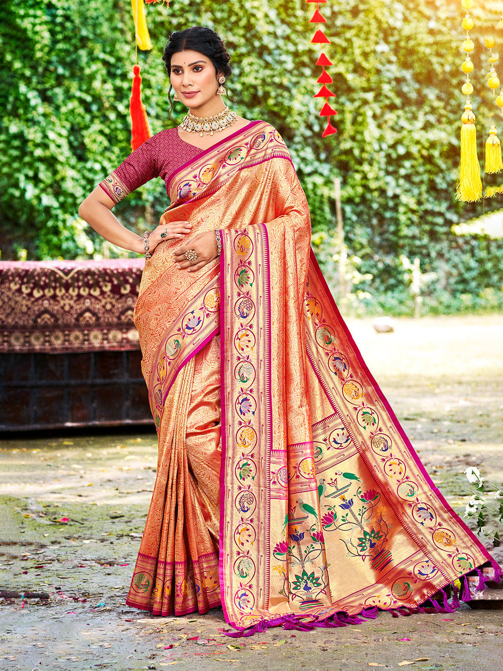 Sangam Prints Orange Silk Woven Work Traditional Saree - Distacart