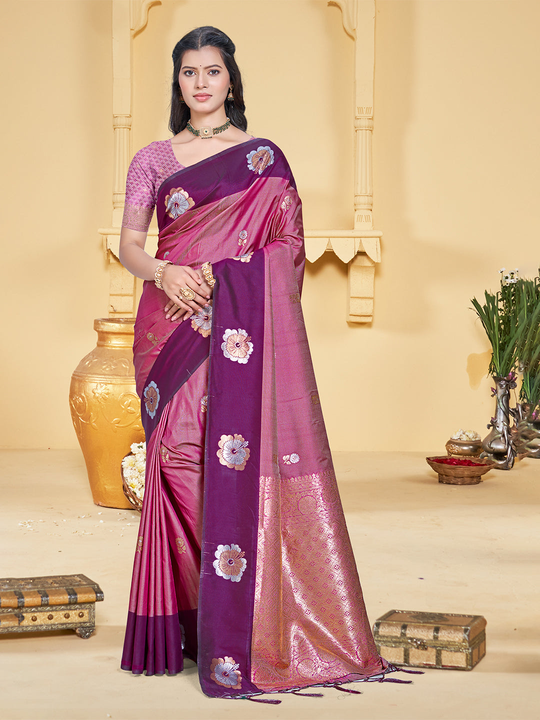 Sangam Prints Magenta Silk Woven Work Traditional Saree - Distacart