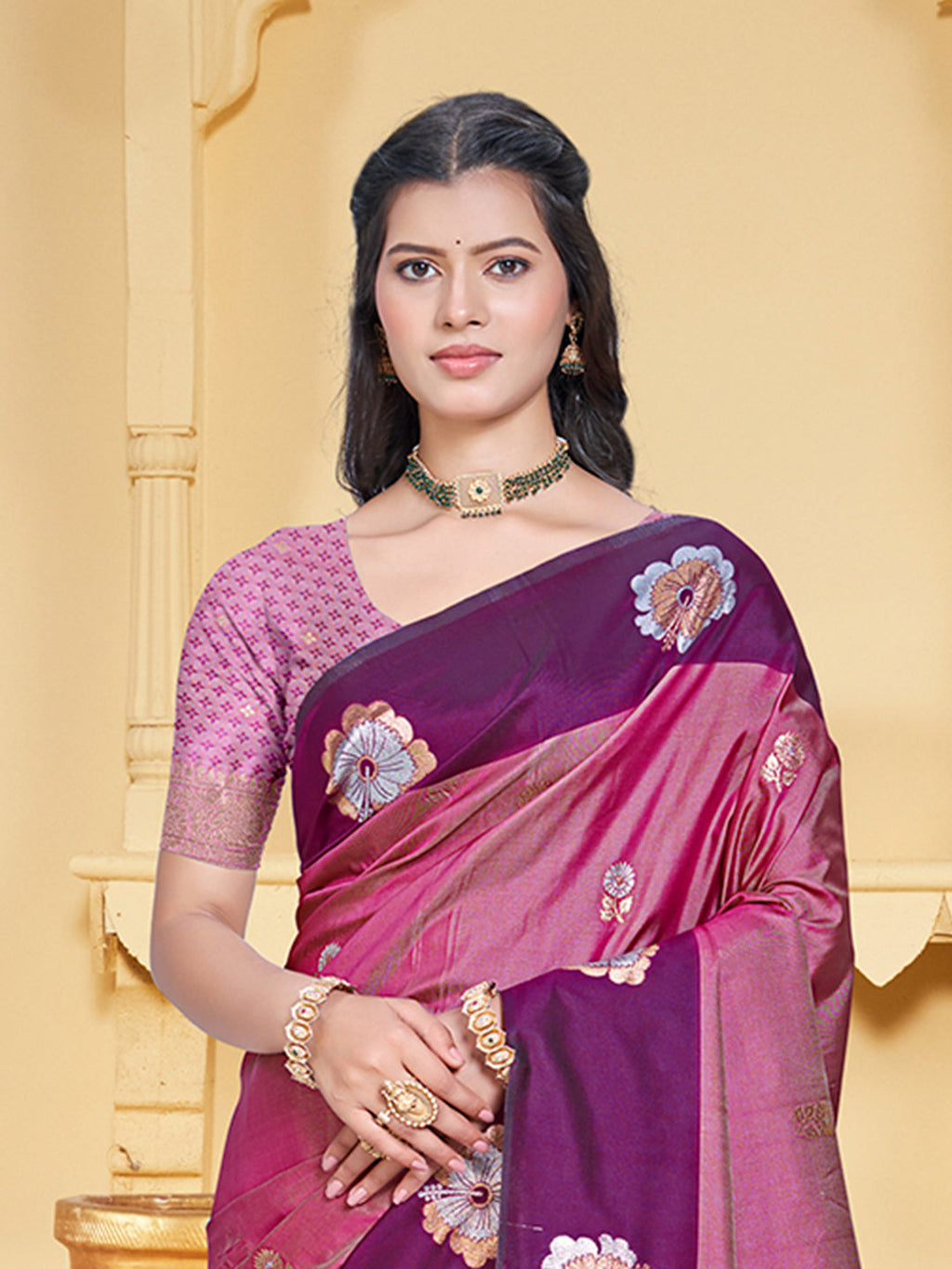 Sangam Prints Magenta Silk Woven Work Traditional Saree - Distacart
