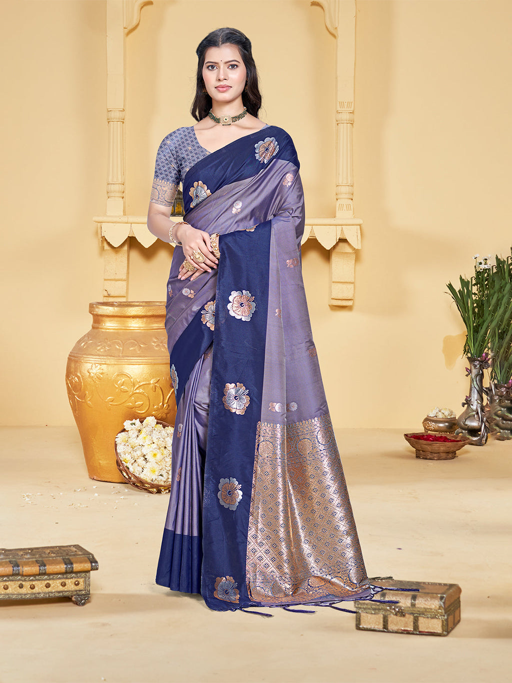 Sangam Prints Purple Silk Woven Work Traditional Saree - Distacart