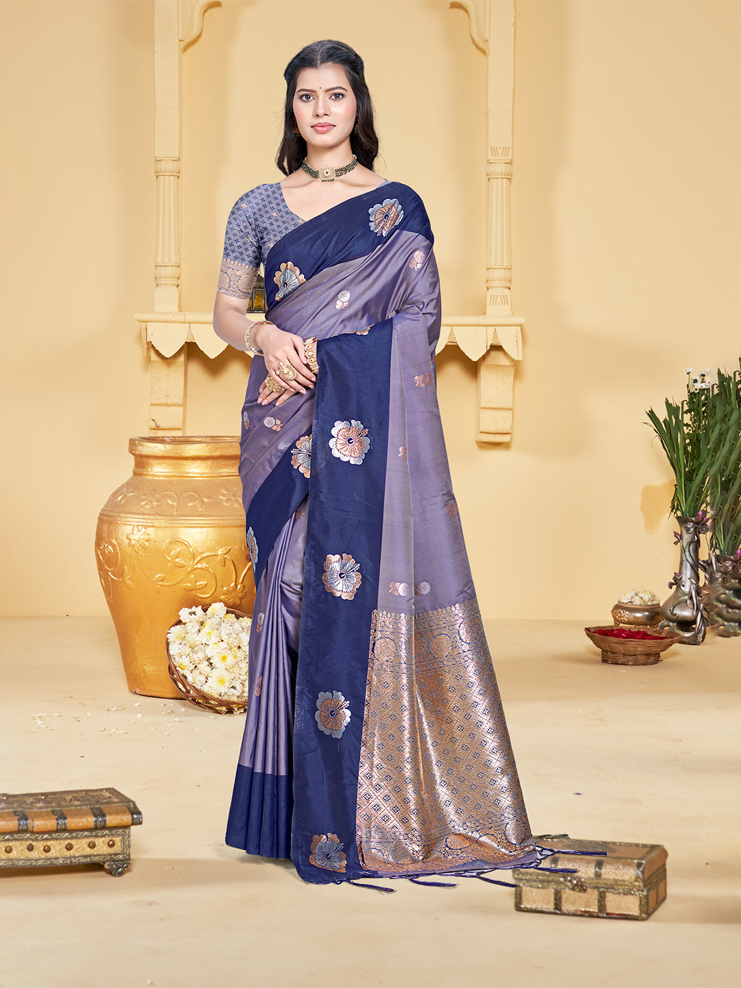 Sangam Prints Purple Silk Woven Work Traditional Saree - Distacart