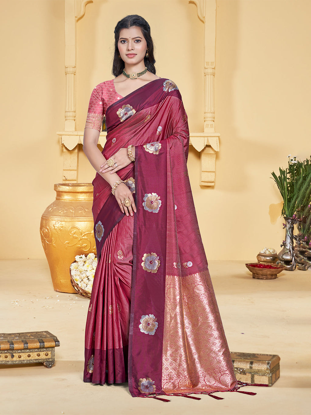Sangam Prints Maroon Silk Woven Work Traditional Saree - Distacart