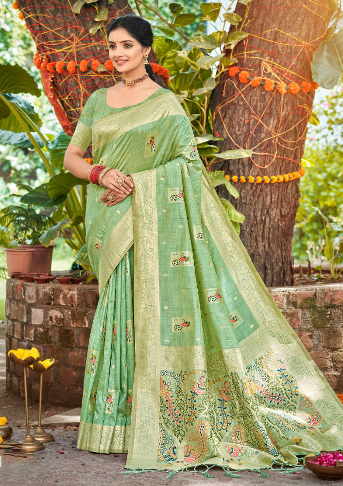 Sangam Prints Sea Green Heavy Assam Silk Saree With Meena Woven Work Traditional Saree - Distacart