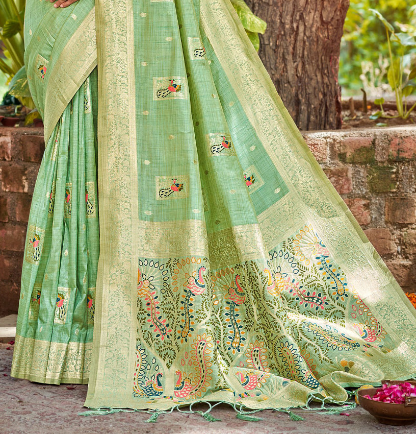 Sangam Prints Sea Green Heavy Assam Silk Saree With Meena Woven Work Traditional Saree - Distacart