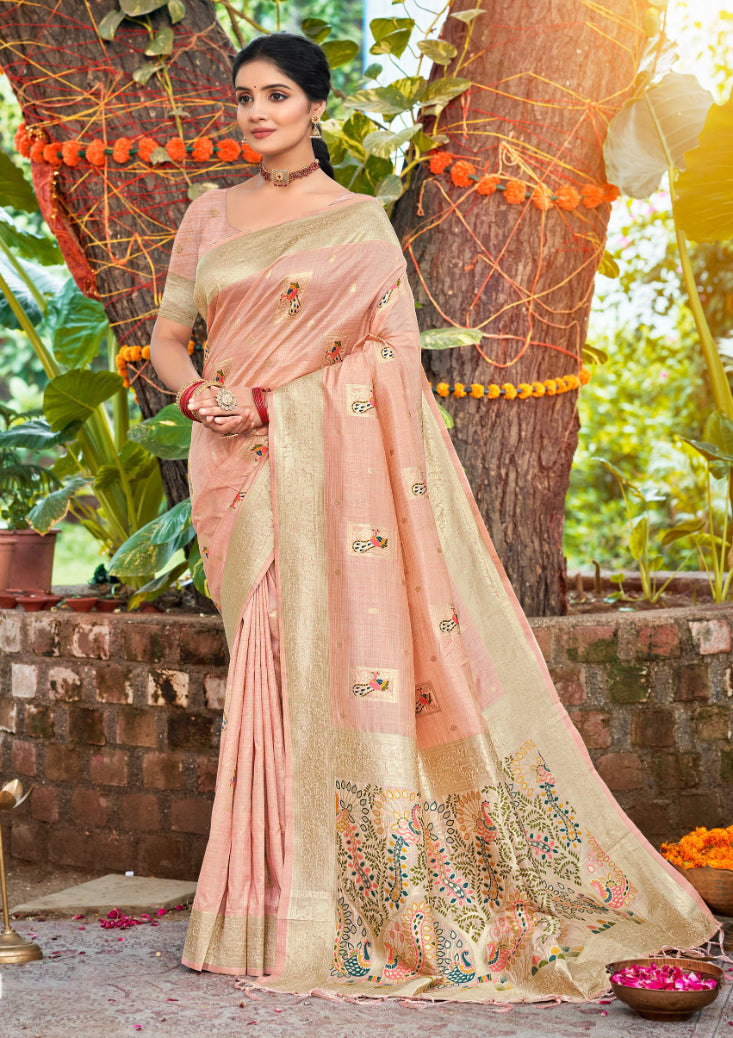 Sangam Prints Lite Pink Heavy Assam Silk Saree With Meena Woven Work Traditional Saree - Distacart