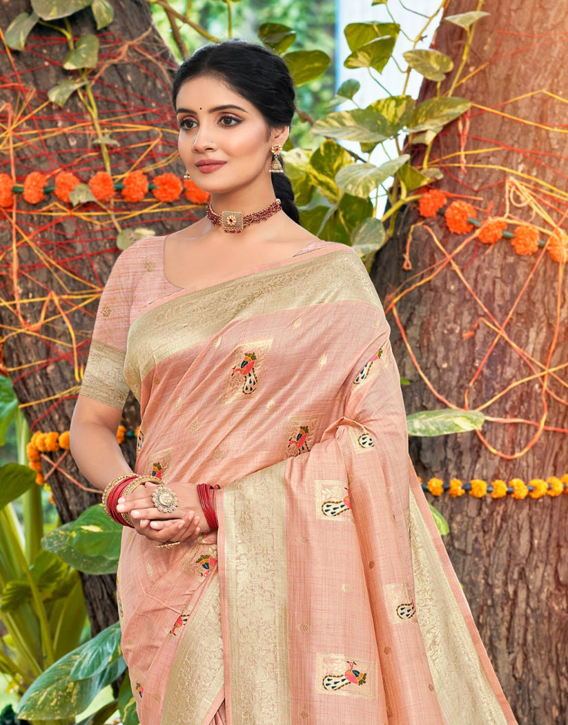 Sangam Prints Lite Pink Heavy Assam Silk Saree With Meena Woven Work Traditional Saree - Distacart