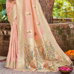 Sangam Prints Lite Pink Heavy Assam Silk Saree With Meena Woven Work Traditional Saree - Distacart
