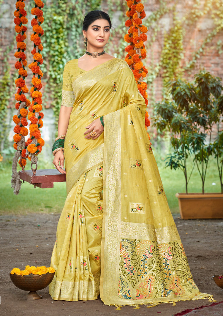 Sangam Prints Yellow Heavy Assam Silk Saree With Meena Woven Work Traditional Saree - Distacart