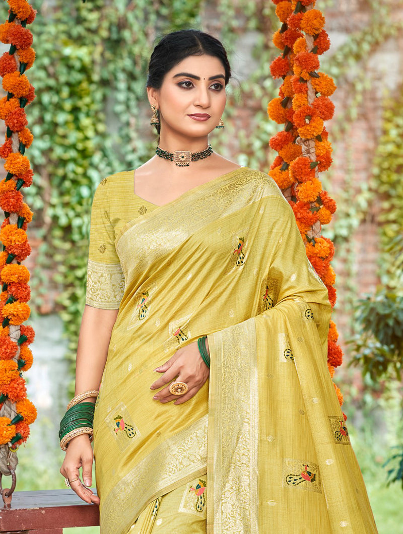 Sangam Prints Yellow Heavy Assam Silk Saree With Meena Woven Work Traditional Saree - Distacart