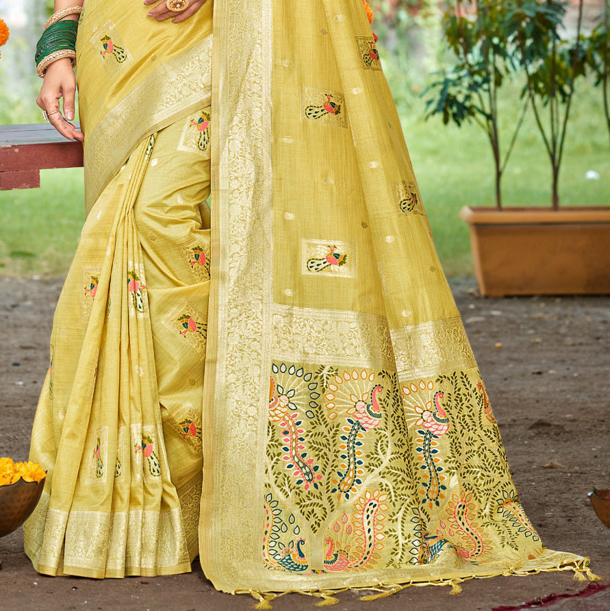 Sangam Prints Yellow Heavy Assam Silk Saree With Meena Woven Work Traditional Saree - Distacart