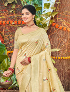 Sangam Prints Cream Heavy Assam Silk Saree With Meena Woven Work Traditional Saree - Distacart
