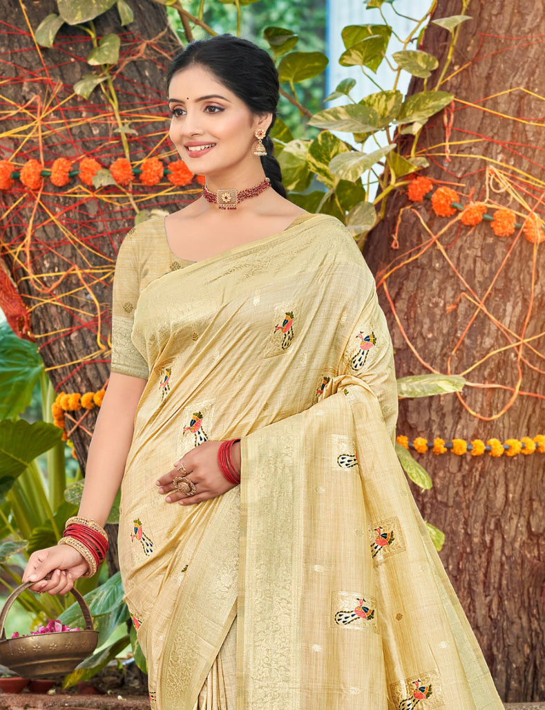 Sangam Prints Cream Heavy Assam Silk Saree With Meena Woven Work Traditional Saree - Distacart