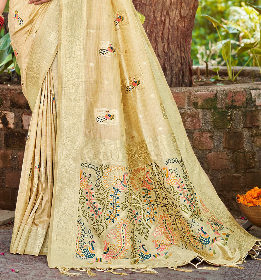 Sangam Prints Cream Heavy Assam Silk Saree With Meena Woven Work Traditional Saree - Distacart
