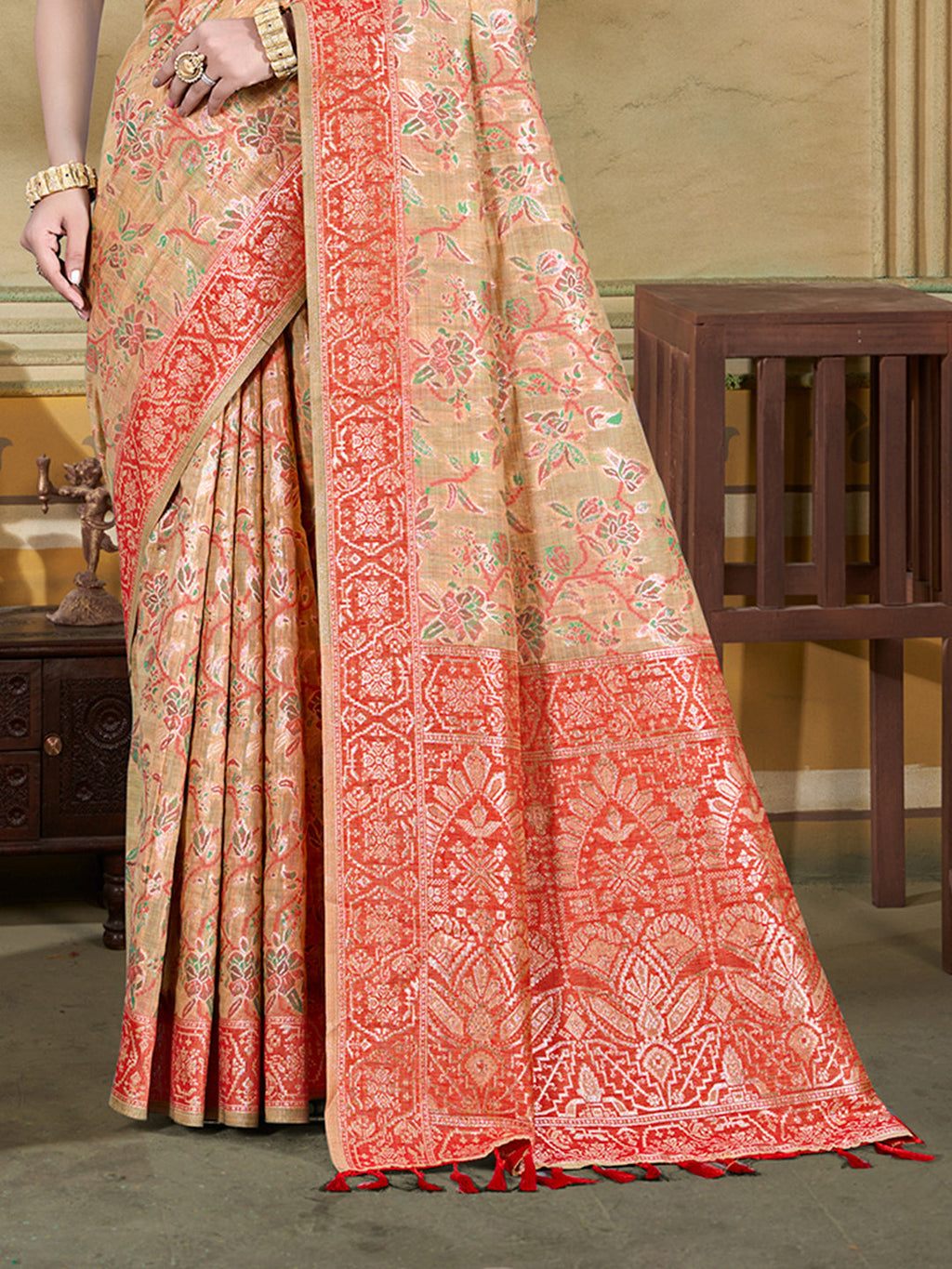 Sangam Prints Beige Cotton Silk With Meena Woven Work Traditional Saree - Distacart