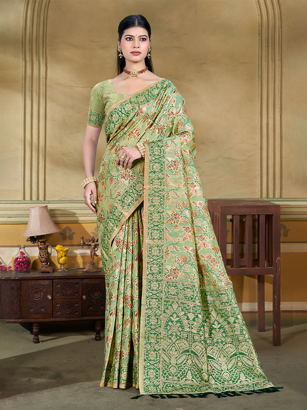 Sangam Prints Light Green  Cotton Silk With Meena Woven Work Traditional Saree - Distacart