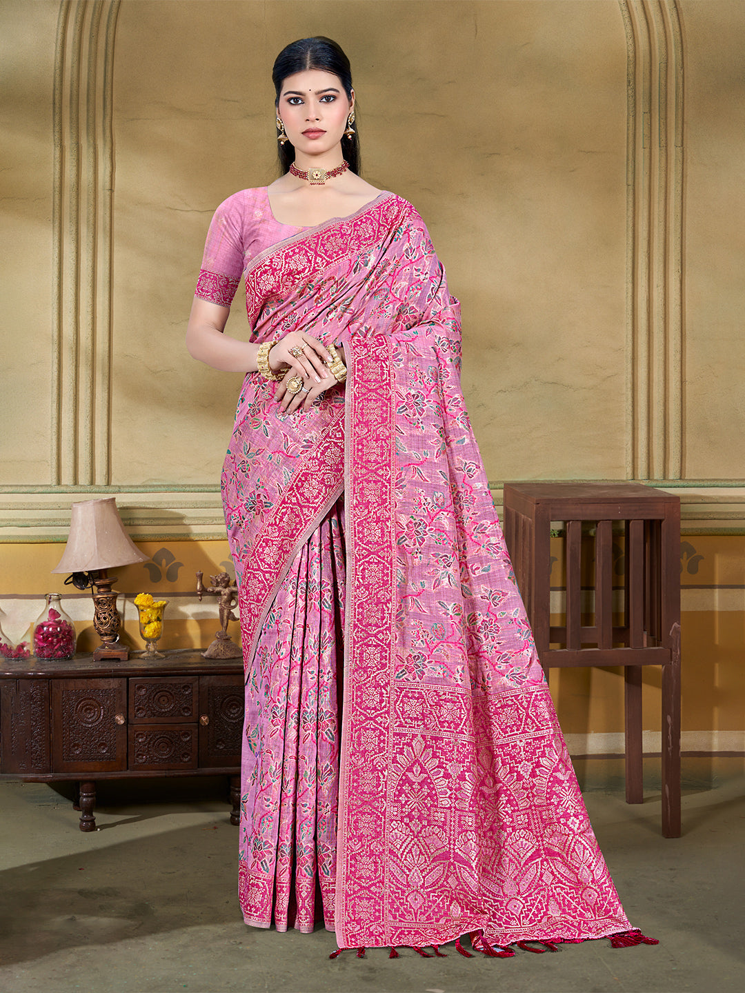 Sangam Prints Pink Cotton Silk With Meena Woven Work Traditional Saree - Distacart