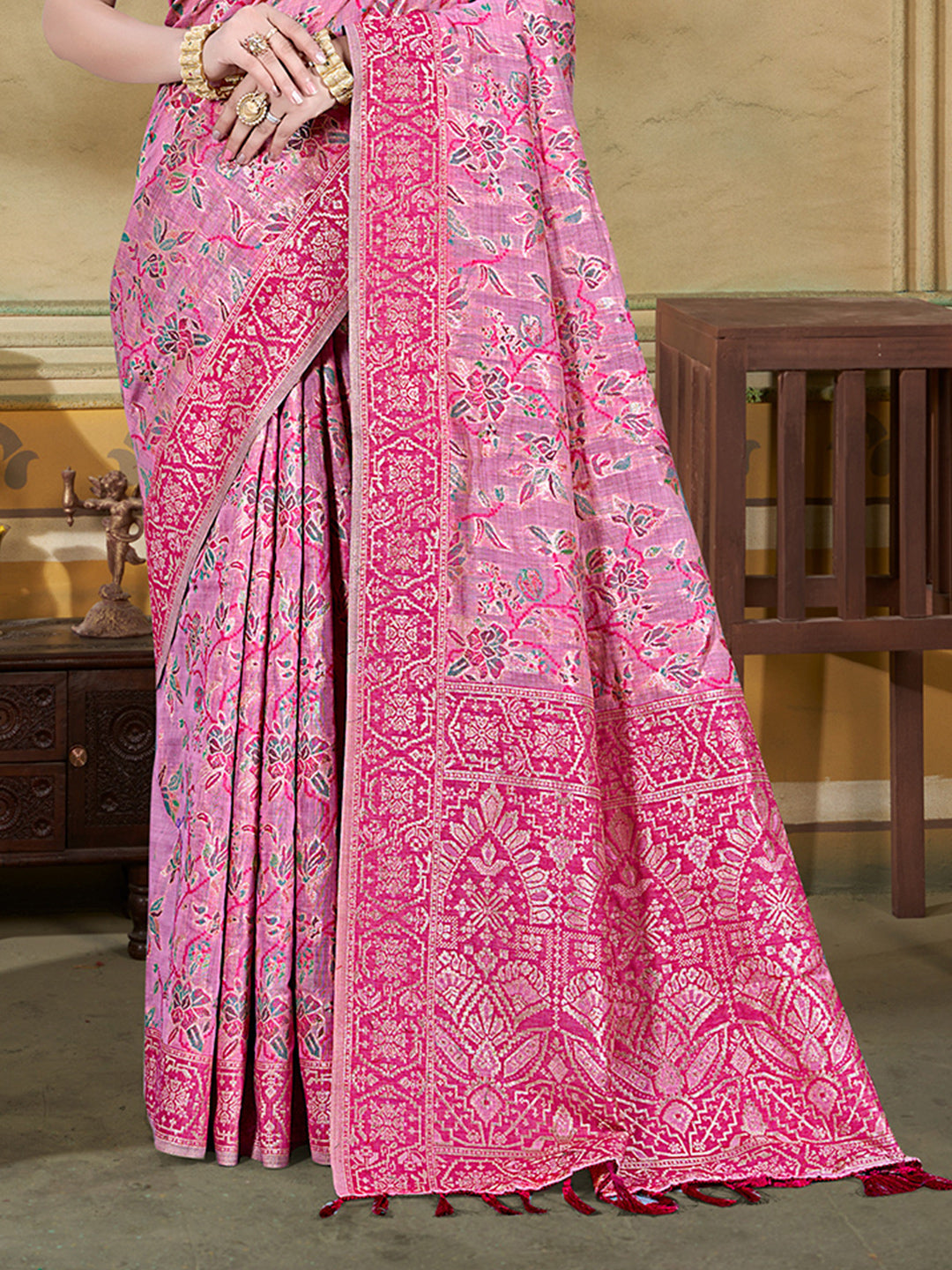 Sangam Prints Pink Cotton Silk With Meena Woven Work Traditional Saree - Distacart