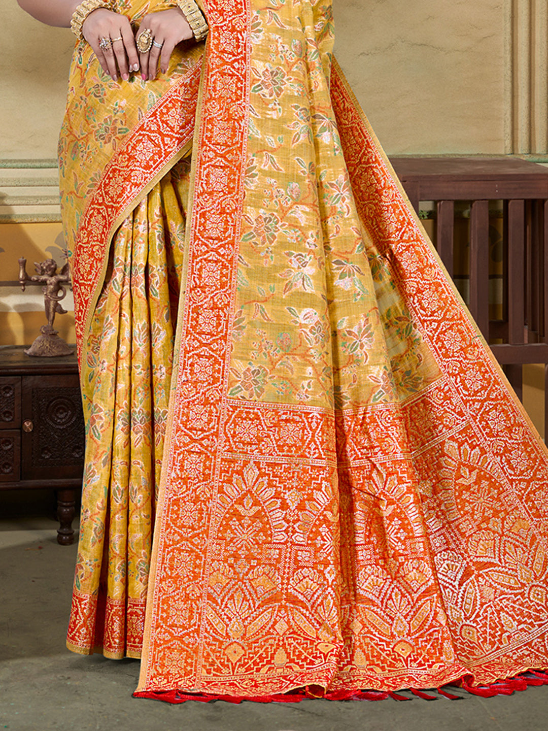 Sangam Prints Mustard Cotton Silk With Meena Woven Work Traditional Saree - Distacart