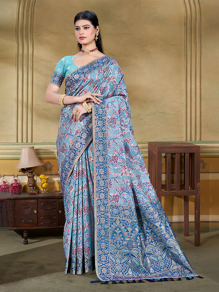 Sangam Prints Light Blue Cotton Silk With Meena Woven Work Traditional Saree