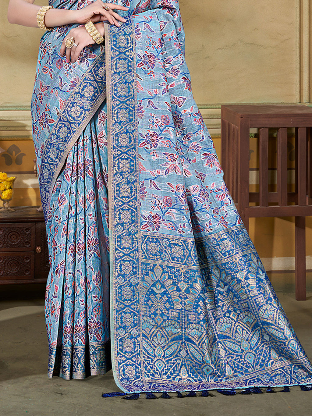 Sangam Prints Light Blue Cotton Silk With Meena Woven Work Traditional Saree - Distacart