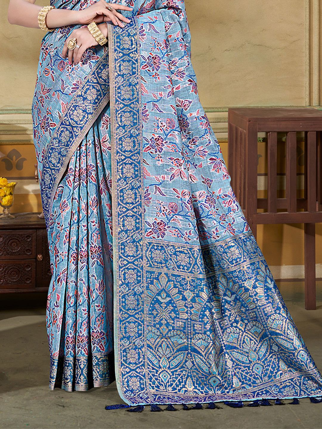 Sangam Prints Light Blue Cotton Silk With Meena Woven Work Traditional Saree - Distacart
