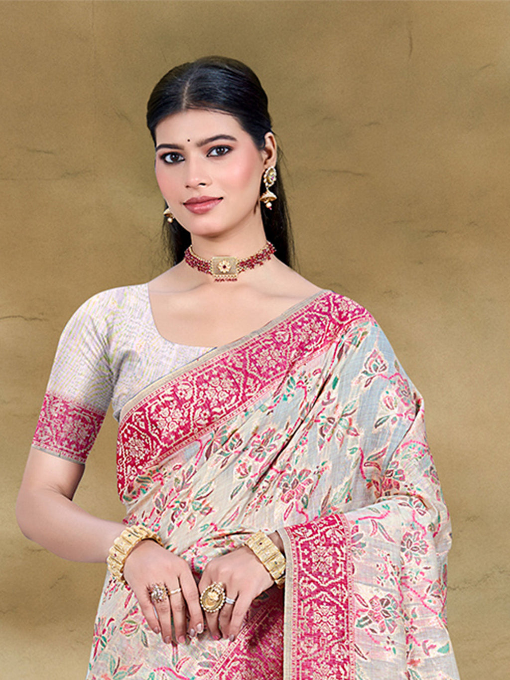 Sangam Prints Cream Cotton Silk With Meena Woven Work Traditional Saree - Distacart