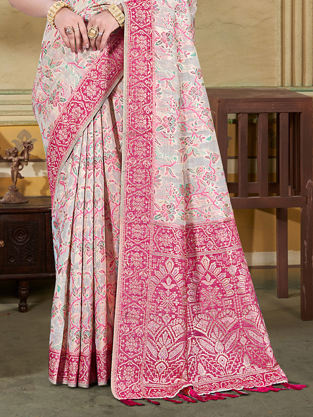 Sangam Prints Cream Cotton Silk With Meena Woven Work Traditional Saree - Distacart
