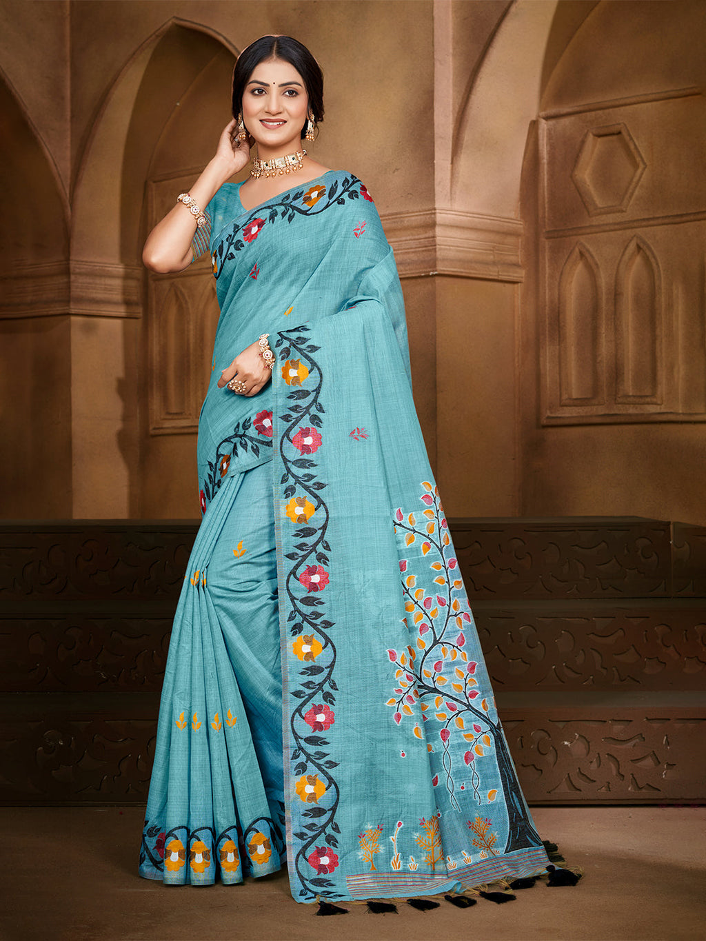 Sangam Prints Sky Blue Cotton Silk With Meena Woven Work Traditional Saree - Distacart