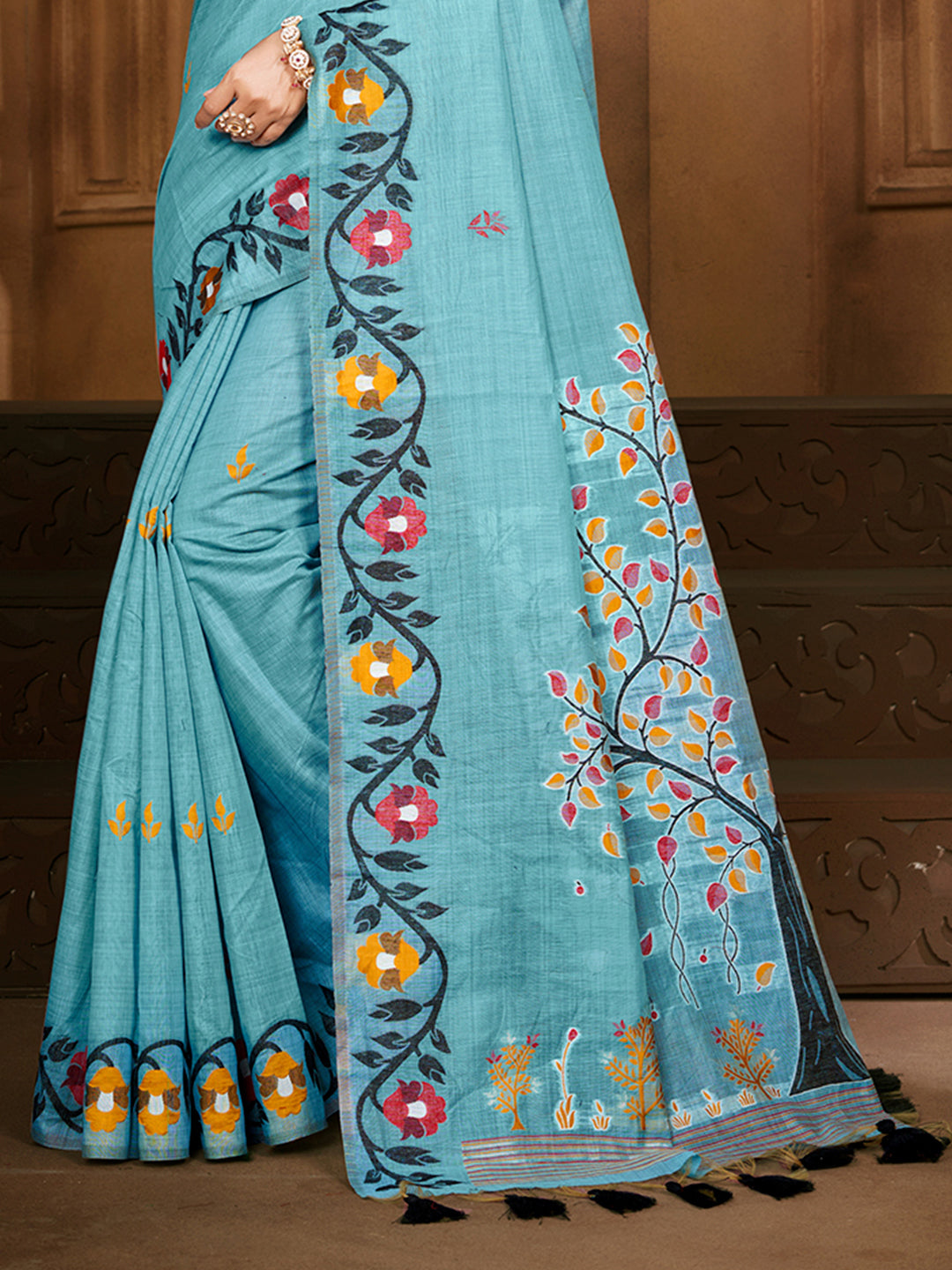Sangam Prints Sky Blue Cotton Silk With Meena Woven Work Traditional Saree - Distacart