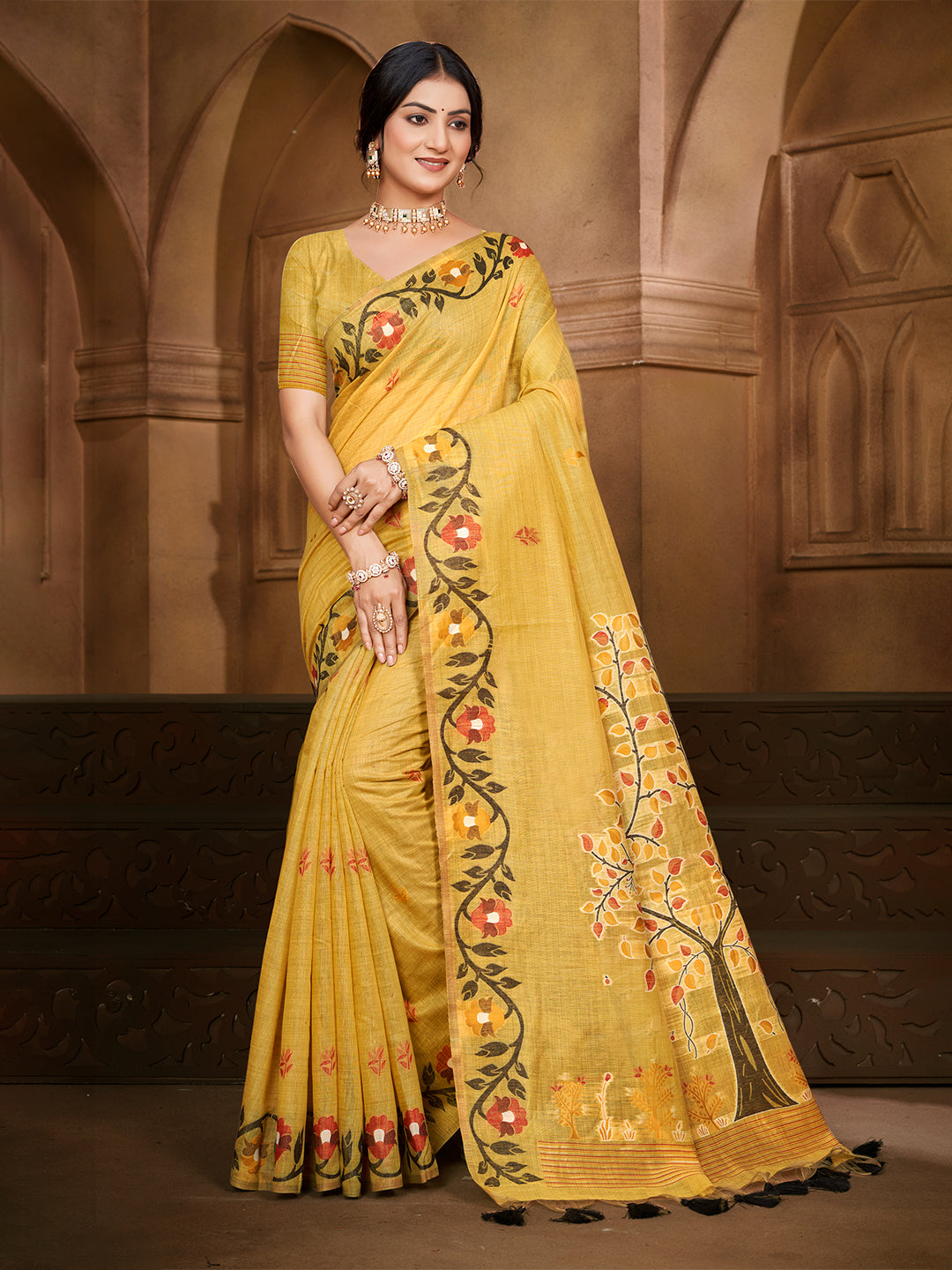Sangam Prints Yellow Cotton Silk With Meena Woven Work Traditional Saree - Distacart