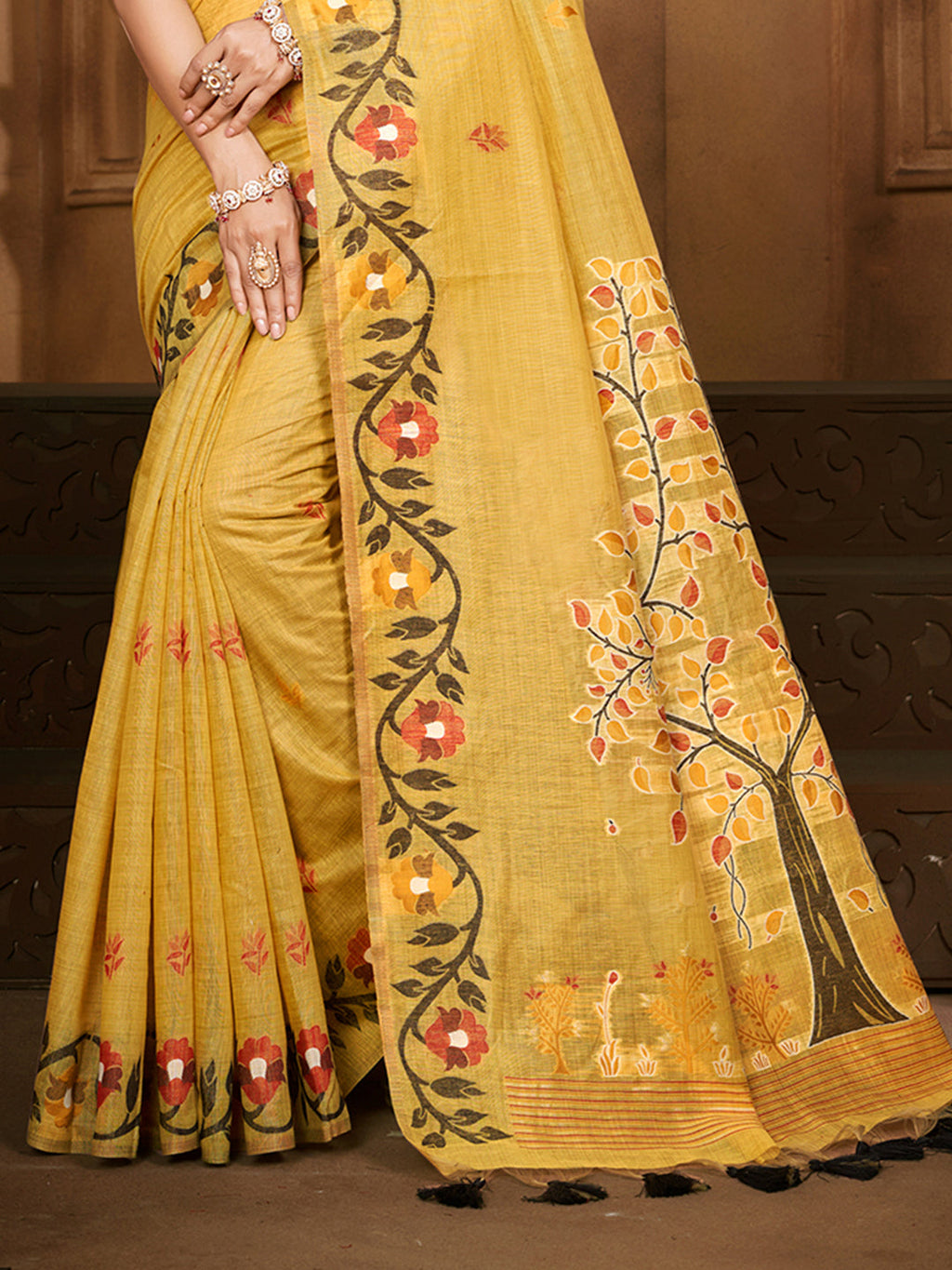 Sangam Prints Yellow Cotton Silk With Meena Woven Work Traditional Saree - Distacart