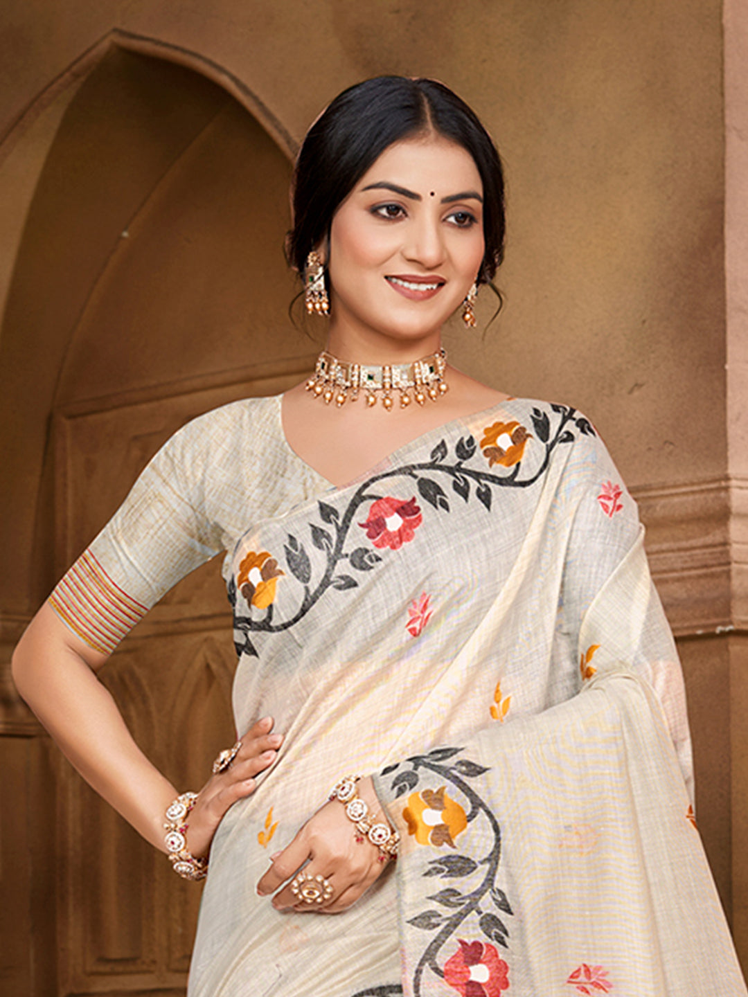 Sangam Prints Off-White Cotton Silk With Meena Woven Work Traditional Saree - Distacart