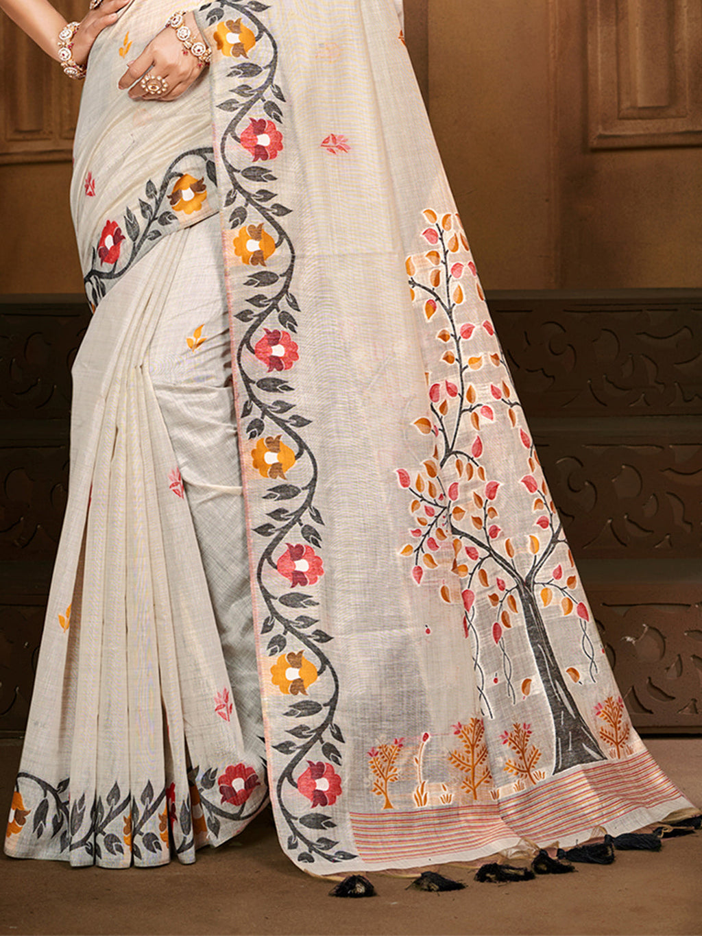 Sangam Prints Off-White Cotton Silk With Meena Woven Work Traditional Saree - Distacart