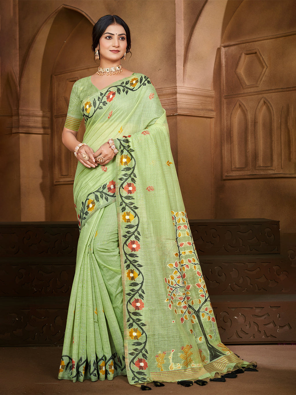 Sangam Prints Green Cotton Silk With Meena Woven Work Traditional Saree - Distacart