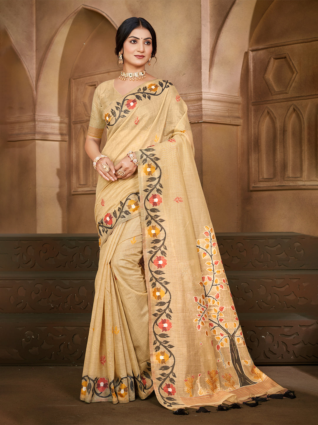 Sangam Prints Beige Cotton Silk With Meena Woven Work Traditional Saree - Distacart