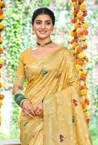 Sangam Prints Mustard Heavy Assam Silk Saree With Meena Woven Work Traditional Saree